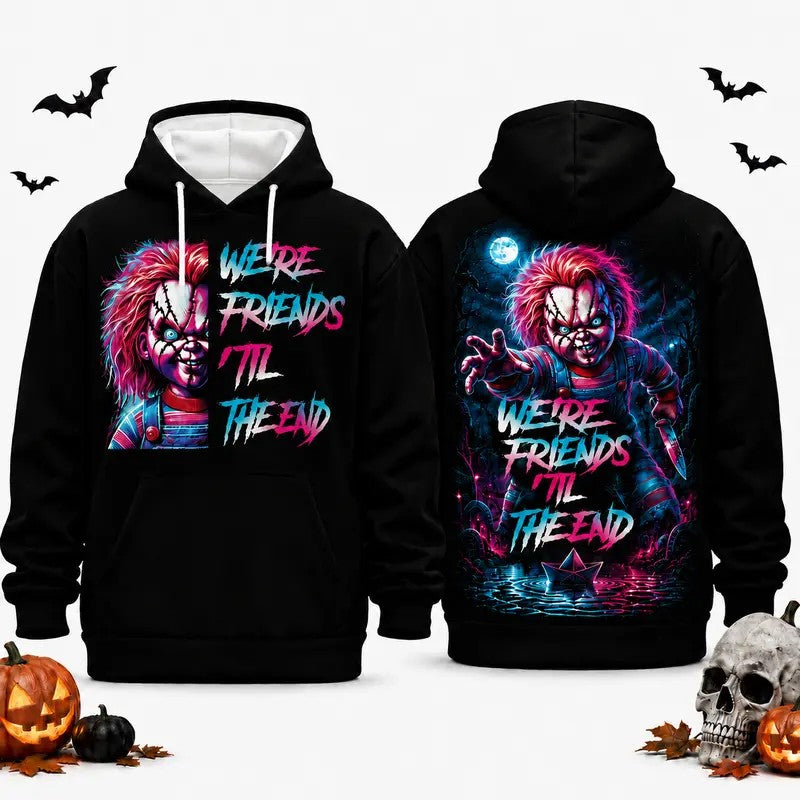 Neon Horror Villain Graphic Hoodie Double-Sided Retro Slasher Print Pullover Sweatshirt
