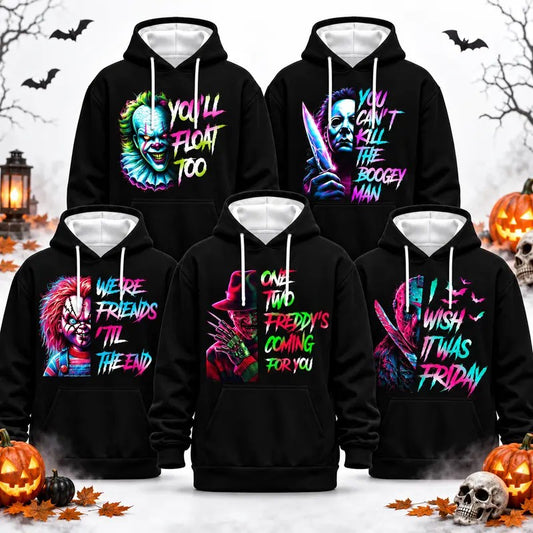 Neon Horror Villain Graphic Hoodie Double-Sided Retro Slasher Print Pullover Sweatshirt