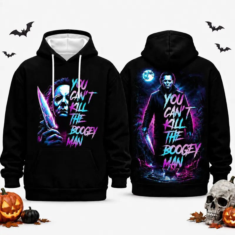 Neon Horror Villain Graphic Hoodie Double-Sided Retro Slasher Print Pullover Sweatshirt