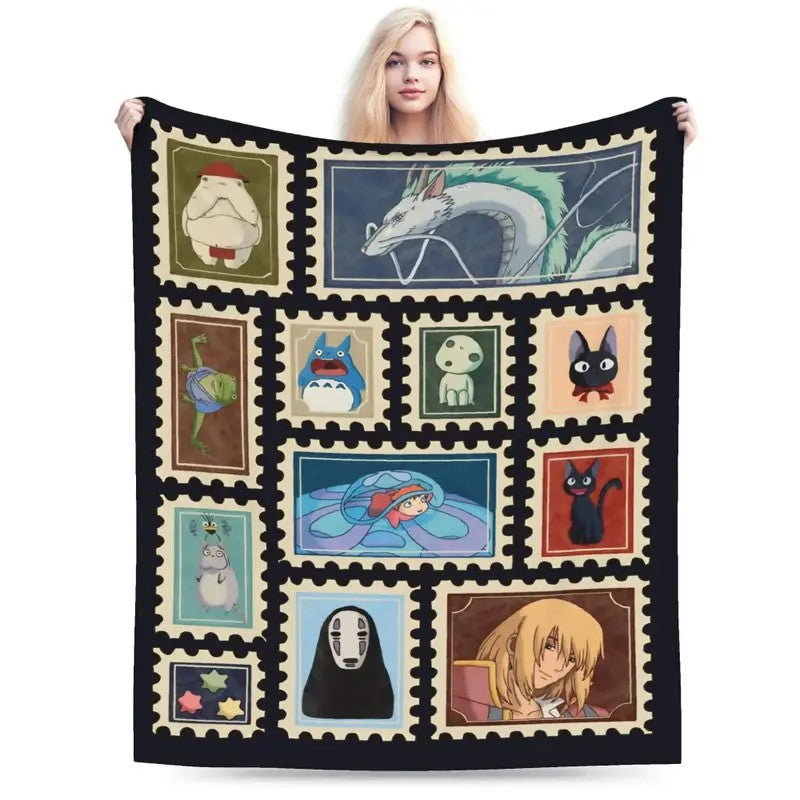 Cute Anime Patchwork Cartoon Stamp Style Cozy Flannel